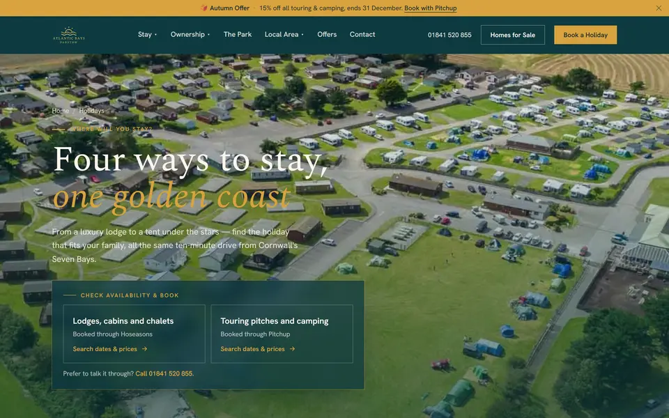 Atlantic Bays holidays page at 1440px, listing the lodges, the cabins and the touring pitches.