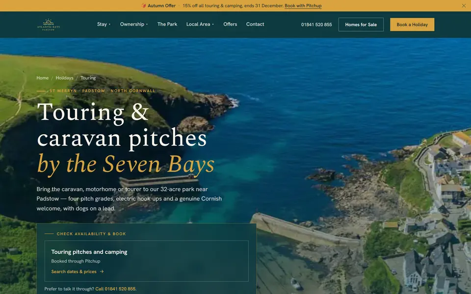 Atlantic Bays touring and caravan pitches page at 1440px.
