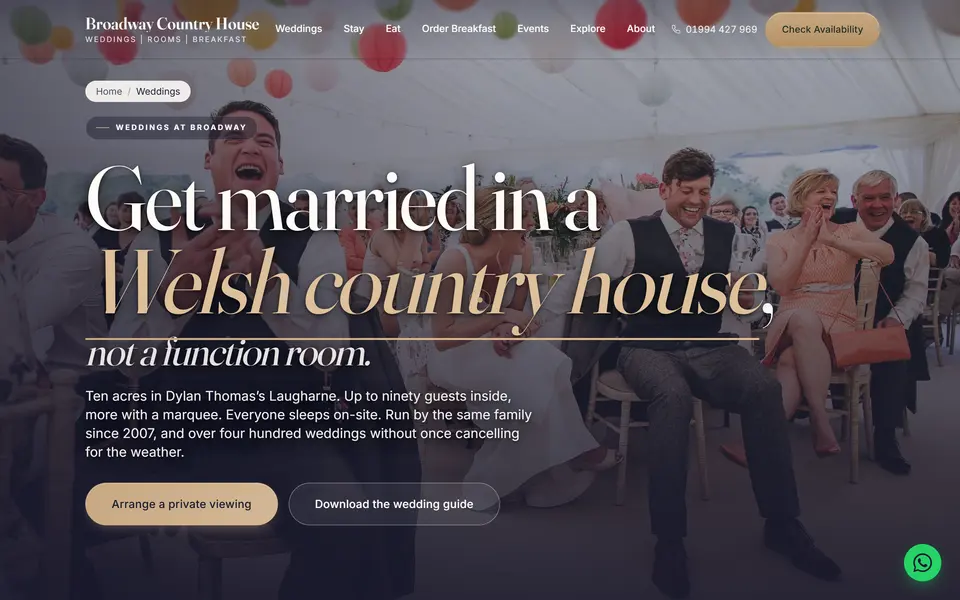 Broadway Country House weddings page at 1440px.