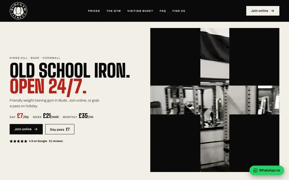 Bude Gym home page at 1440px.