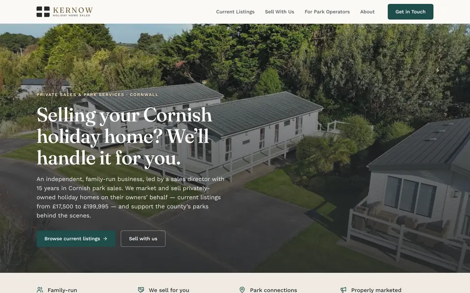 Kernow Holiday Home Sales home page at 1440px.