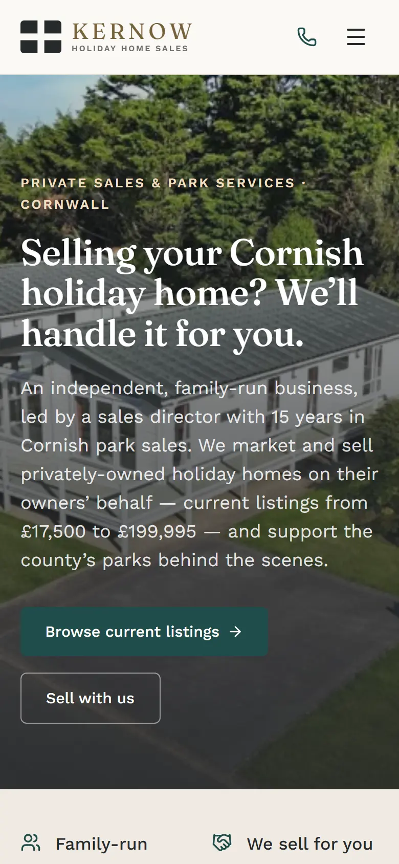 Kernow Holiday Home Sales home page on a 390px phone.