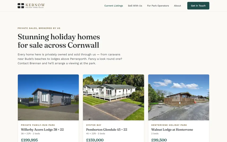 Kernow Holiday Home Sales: current listings page at 1440px.