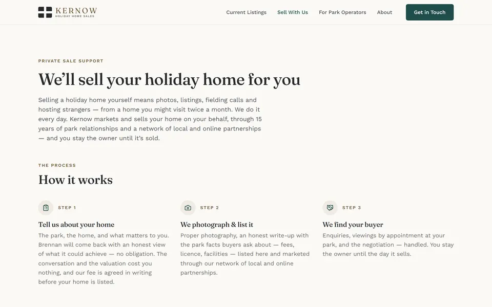 Kernow Holiday Home Sales: sell with us page at 1440px.