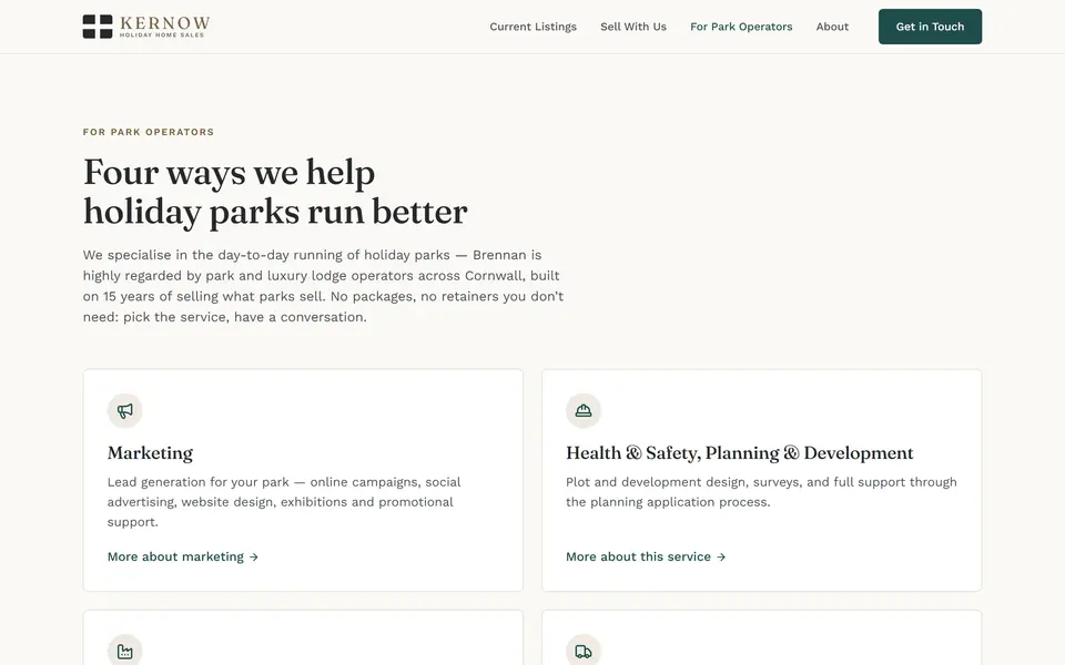 Kernow Holiday Home Sales: for park operators page at 1440px.
