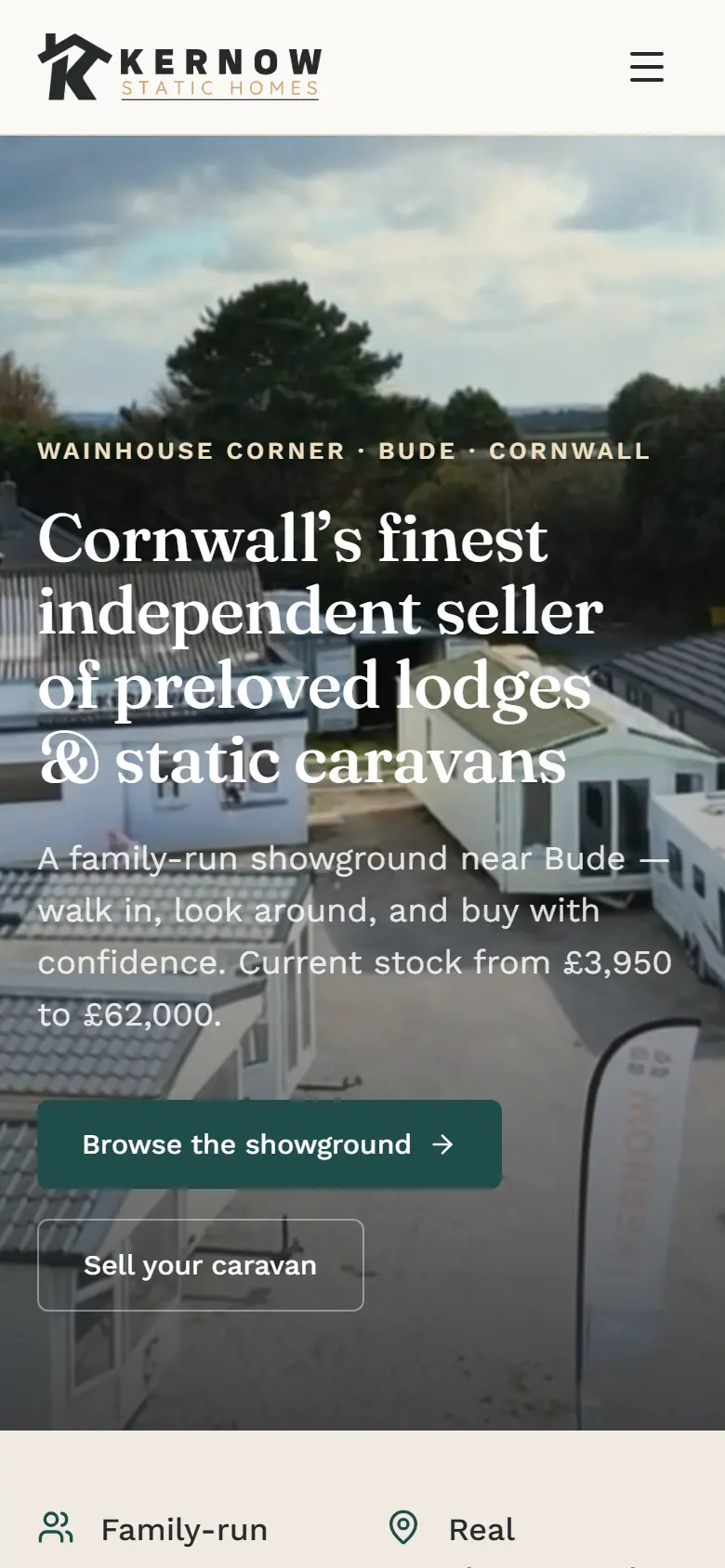 Kernow Static Homes home page on a 390px phone.