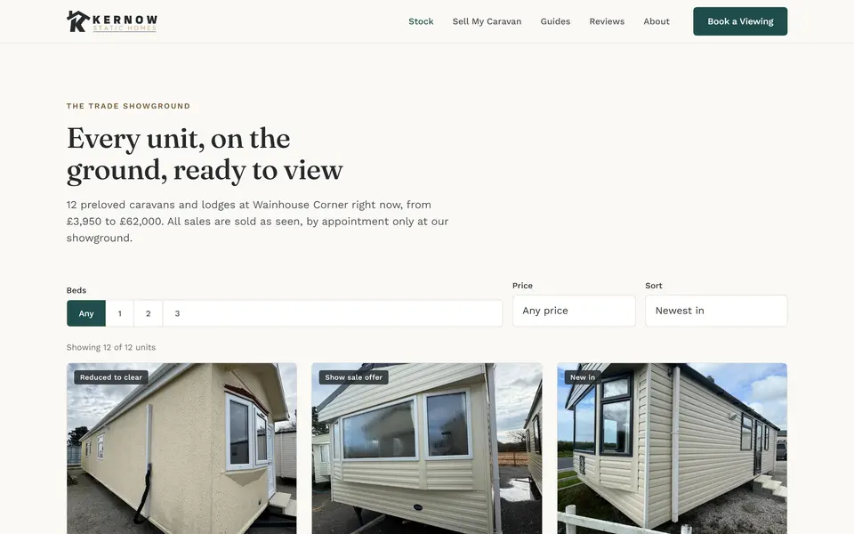 Kernow Static Homes stock page at 1440px.