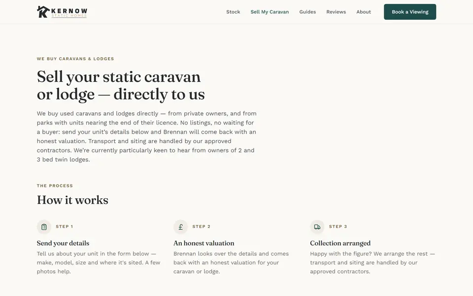 Kernow Static Homes sell my caravan page at 1440px.