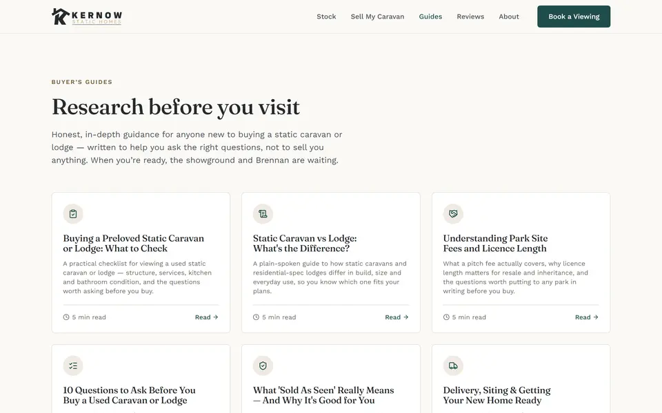 Kernow Static Homes guides page at 1440px.