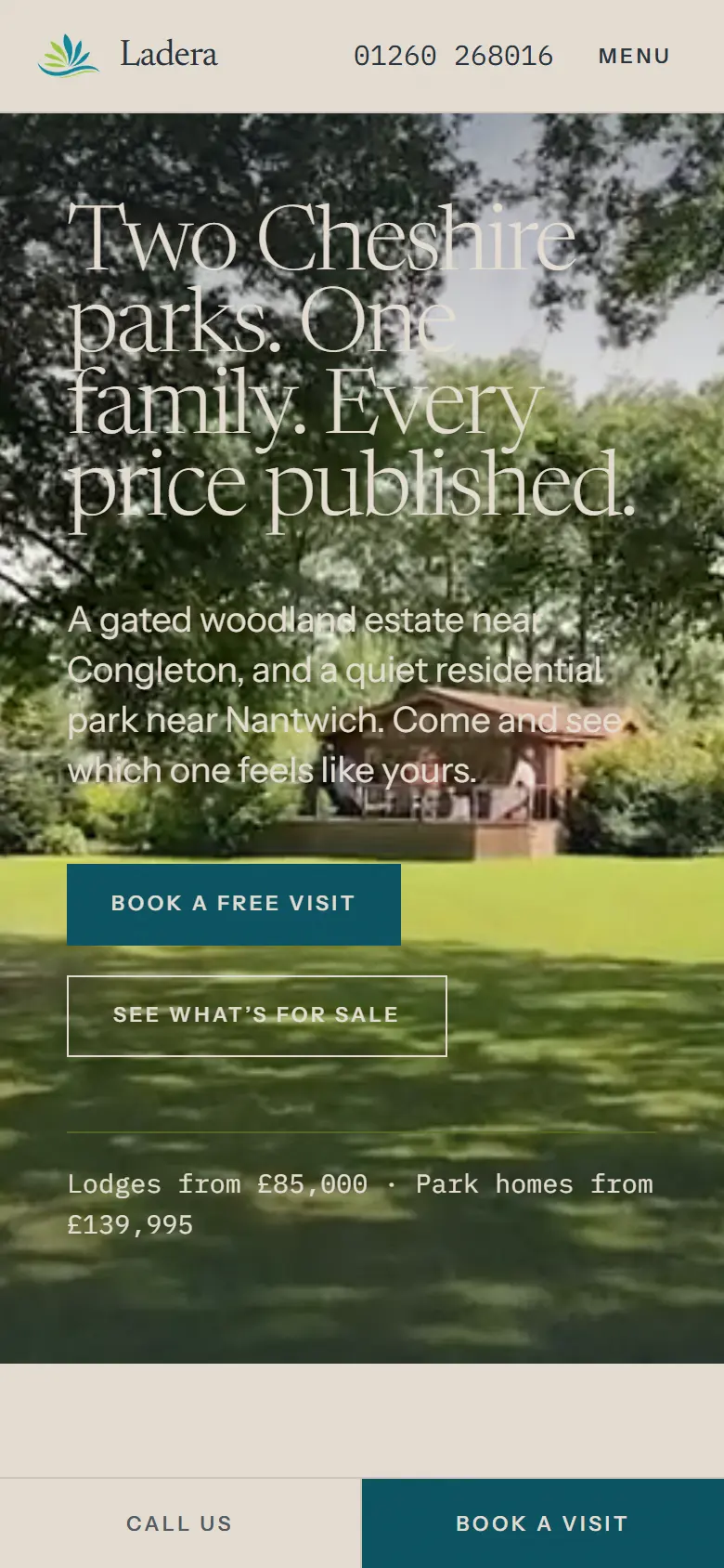 Ladera Retreats home page on a 390px phone.
