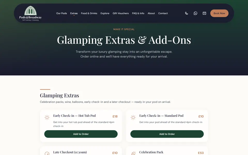 Pods at Broadway extras page at 1440px.