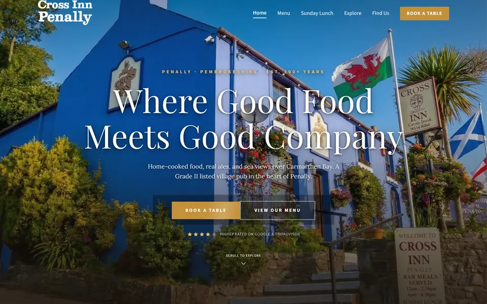 The Cross Inn home page at 1440px.