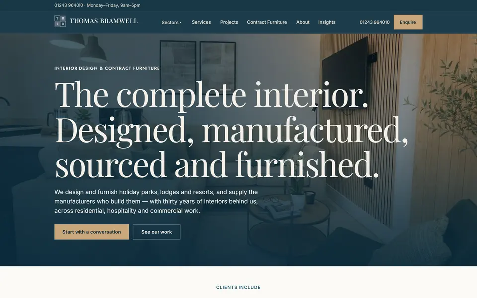 Thomas Bramwell Interiors home page at 1440px.