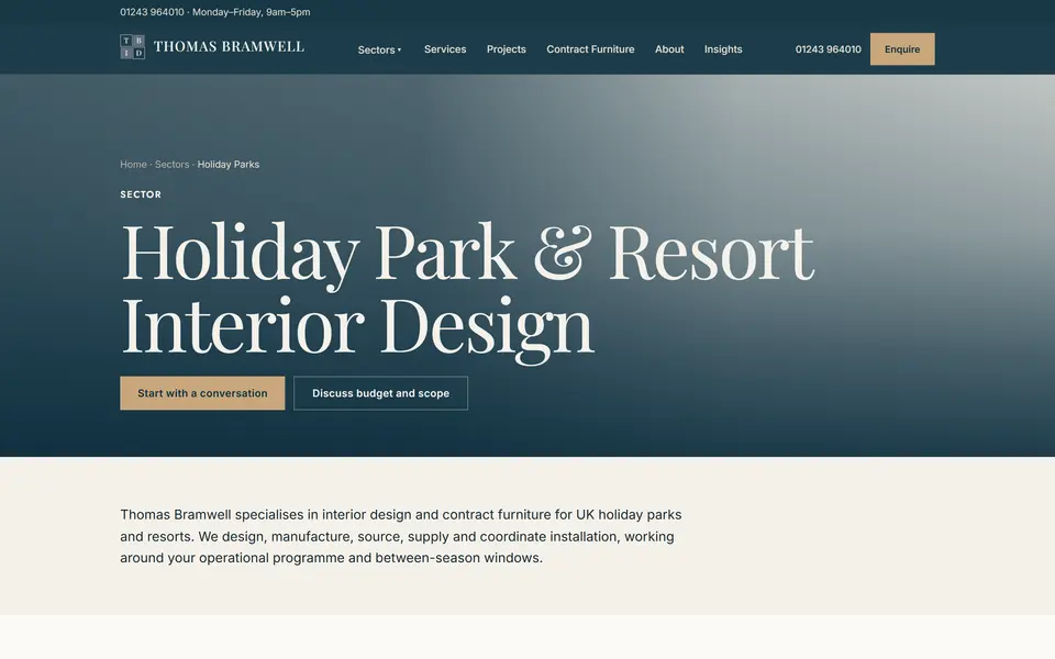 Thomas Bramwell: holiday park interiors and refurbishment page at 1440px.