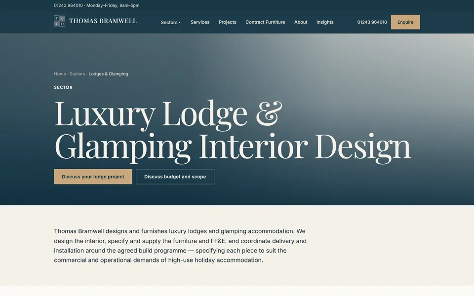 Thomas Bramwell: lodge interiors and furniture packages page at 1440px.