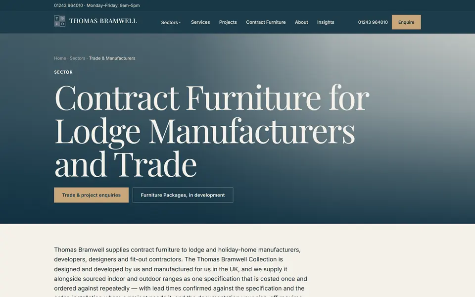 Thomas Bramwell: contract furniture for lodge manufacturers page at 1440px.