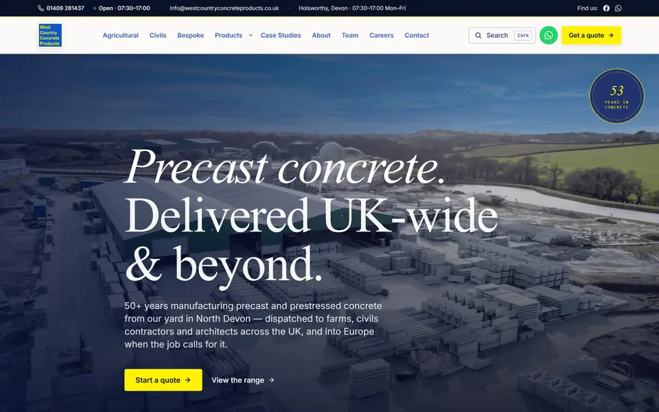West Country Concrete Products home page at 1440px.