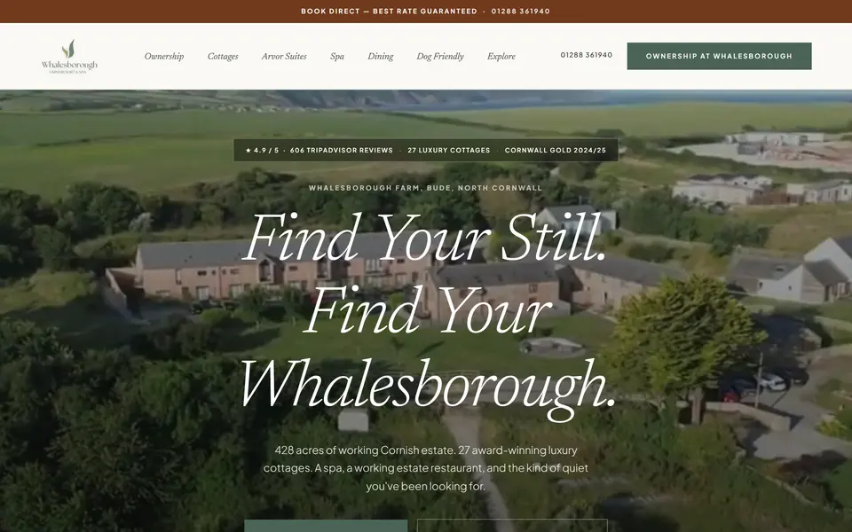Whalesborough Farm Resort & Spa home page at 1440px: the farm, the estate eyebrow and the Landal booking button.