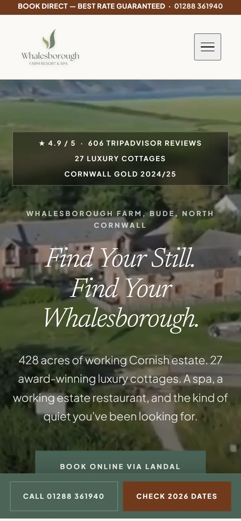 Whalesborough home page on a 390px phone.