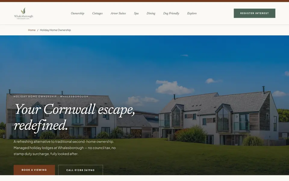Whalesborough holiday home ownership page at 1440px.