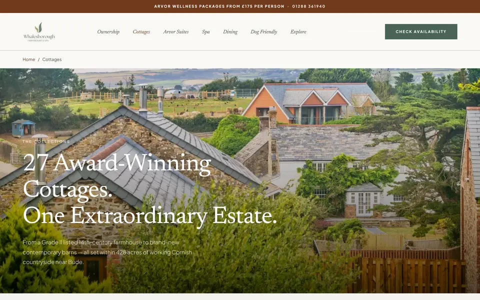 Whalesborough cottages page at 1440px: the 27 holiday cottages.