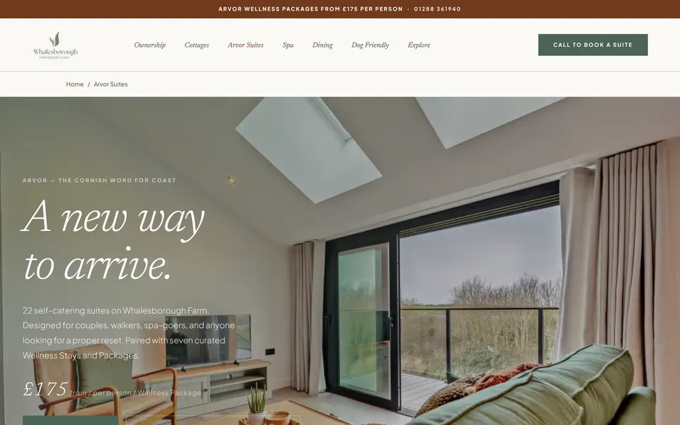 Whalesborough Arvor Suites page at 1440px.