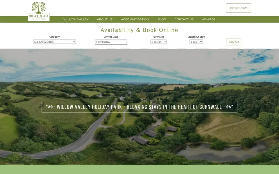 The previous Willow Valley Holiday Park home page at 1440px, captured before the rebuild.