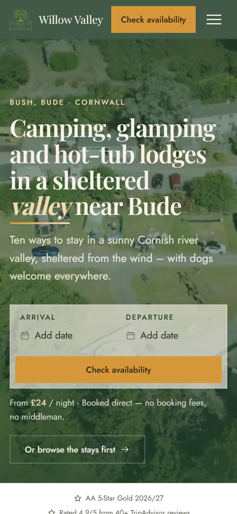Willow Valley home page on a 390px phone.